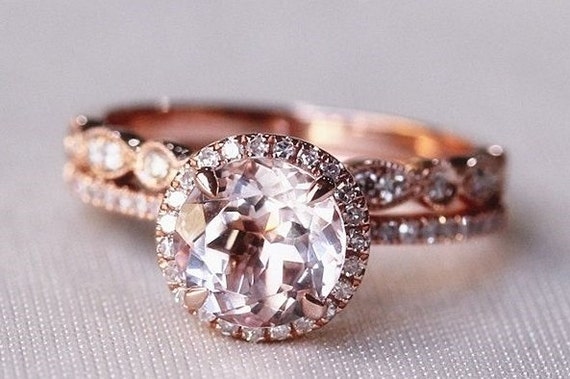 Round Morganite Diamond Halo Engagement Ring by OliveAvenueJewelry