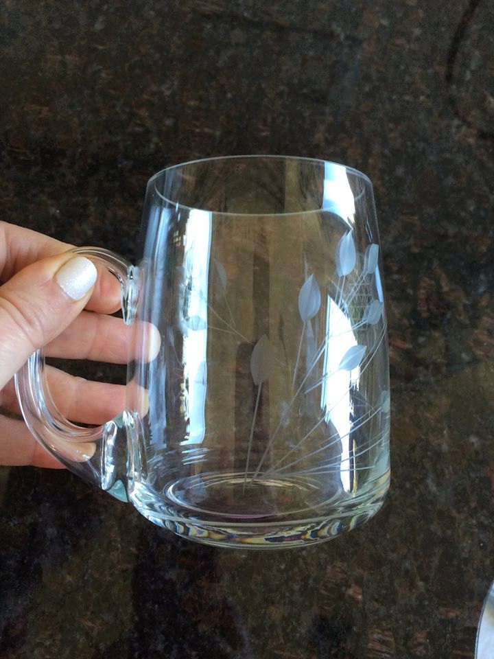 Two 2 Etched Glass Coffee/Tea Mugs Vintage Mug Clear