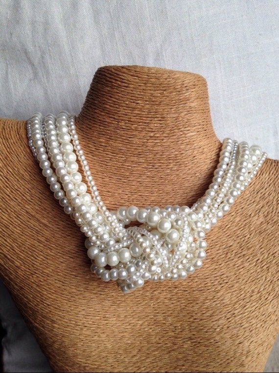 Chunky pearl necklace knotted pearl necklace ivory pearl