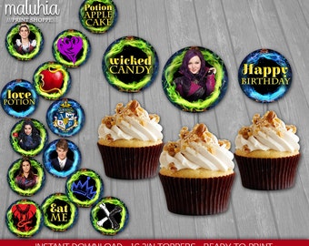 Disney Descendants 2in Topper - INSTANT DOWNLOAD - Disney Descendants 16 Cupcake Toppers Birthday Party - Descendants Party Decoration - Mal