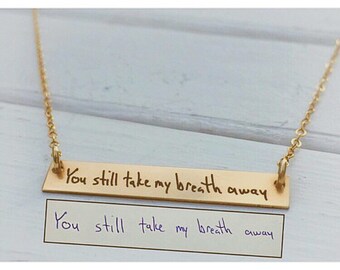 Handwritten Jewelry Horizontal Gold Bar Necklace Personalized Rose Silver Present Your Handwriting Engraved Gift Mom Sister Wife Girlfriend