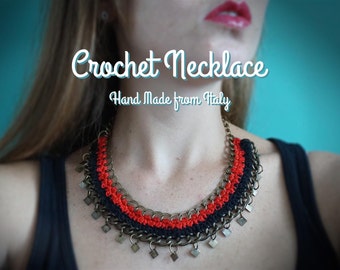 Crochet hand made necklace with metal pendants- statement necklace - red and black collar with metal bronzed chain