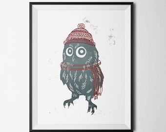 Winter Owl in hat and scarf wall art (to print at home)