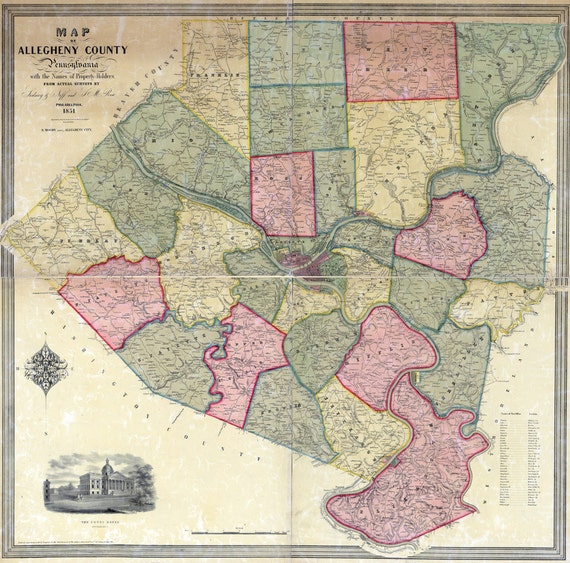 1851 Map of Allegheny County Pennsylvania Genealogy Pittsburgh