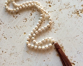 Long Freshwater Pearl Tassel Necklace,tassel necklace,Pearl Tassel Necklace,yoga pearl necklace,pearl tassel,pearl necklace with leather tas