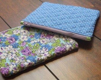 Quilted Travel Zipper Pouch in Floral or Polka Dot-- Makeup Bag, Toiletry Holder, Coin purse, Teen Feminine Product Holder