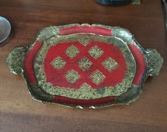 Red Florentine Italian Tray Shabby Chic