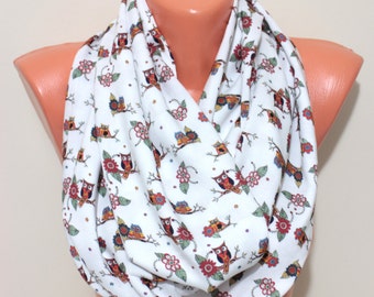 Owl Scarf Infinity Scarf White owls Scarf Animal Print Scarf Women Fashion Accessories Gifts for Her