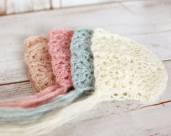 Ivory/cream newborn hat, Baby girl bonnet, Mohair hat, Photo prop, Photography, Knitted hat,
