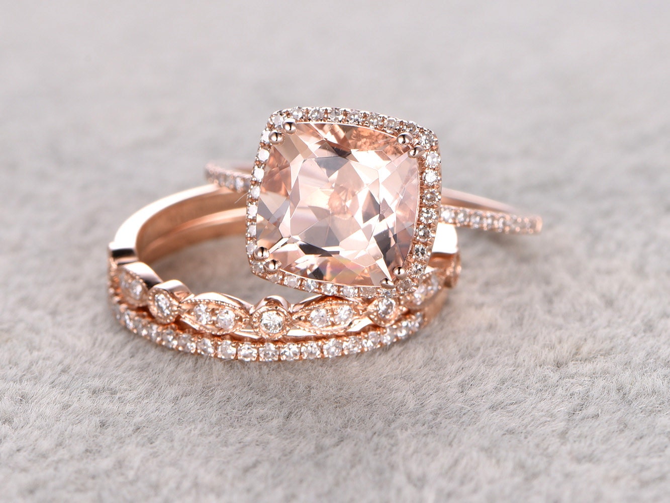3pc 9mm Morganite Engagement ring setRose goldDiamond 3pc 9mm Morganite Engagement ring setRose goldDiamond