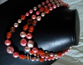 Vintage 3 Strand Bead Choker Necklace, Orange Art Glass Beads, Pink Beads, Nice Necklace!
