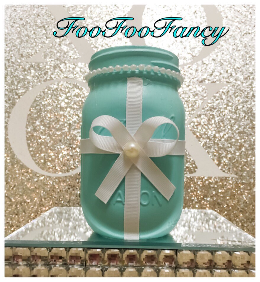 Blue and white ribbon mason jar