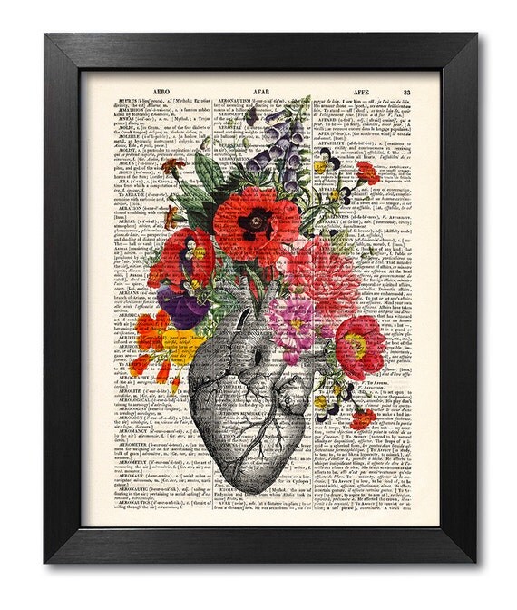 Anatomical heart and flowers Anatomical heart print Flower