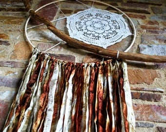 Large dreamcatcher, wooden dreamer, boho wallhanging, vintage, gold, brown, coffee, upcycled, organic, vegan textiles, bohemian interior