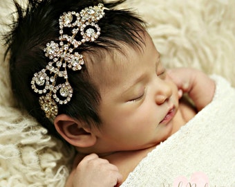 Baby headbands, baby rhinestone headband, newborn headband,Gold Baby headband,Baby girl Headband, Crystal headband, Flower girl headband.