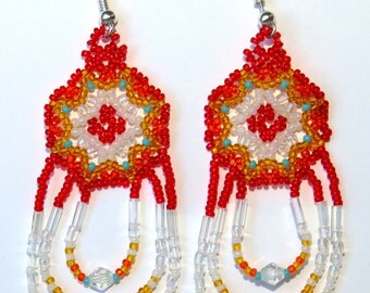 Red Orange Yellow White Iridescent Turquoise Modern Authentic Native American Beaded Earrings