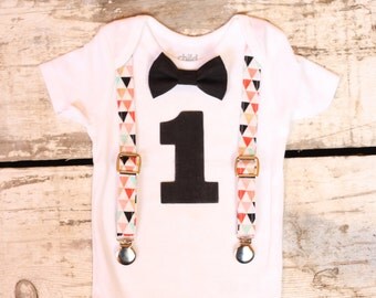 Baby Boy First Birthday Outfit| Smash Cake Outfit| Baby Boy 1st Birthday Outfit| Bowtie and Suspenders| Triangles and Black