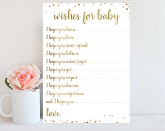 Gold Baby Shower Wishes for Baby Card, Wishes for Baby Printable Girl Boy Baby Shower Game, Dear Baby, Gold Confetti, Instant Download BBSG1