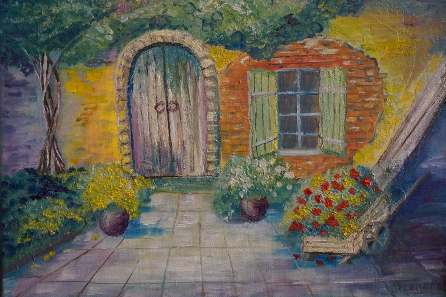 Original art Oil Painting Italian courtyard on canvas FREE