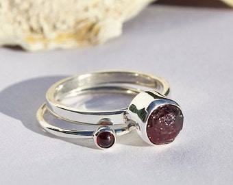 Garnet stacking rings, sterling silver, cabochon garnet, rough garnet, ring