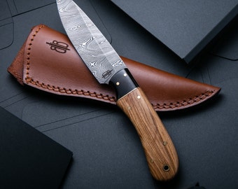 Custom Handmade Damascus Fixed Blade Spear Hunting Knife (Olivewood Handle)