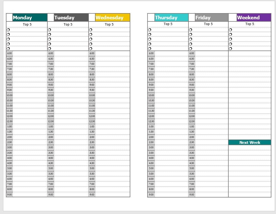 a5 vertical weekly planner with hourly and daily top 5