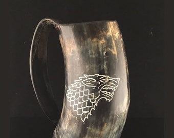 House Stark Sigil Hand Engraved Game of Thrones Drinking Horn Tankard