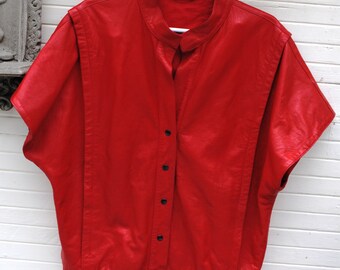 VTG VIntage Futuristic Red Leather Vest Disco Flange Sleeve Space Age Oddity S/M/L
