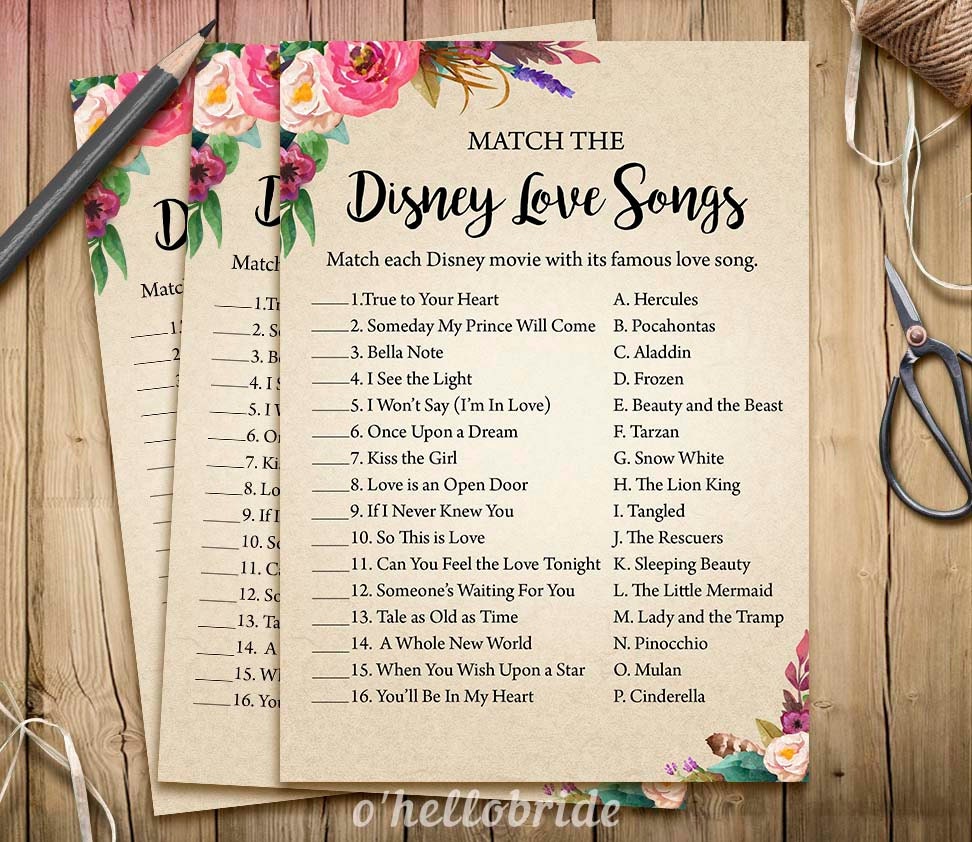 Disney Love Songs Boho Bridal Shower Game Printable Bohemian