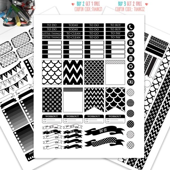Black and White Planner Stickers PrintableWeekly KitStickers