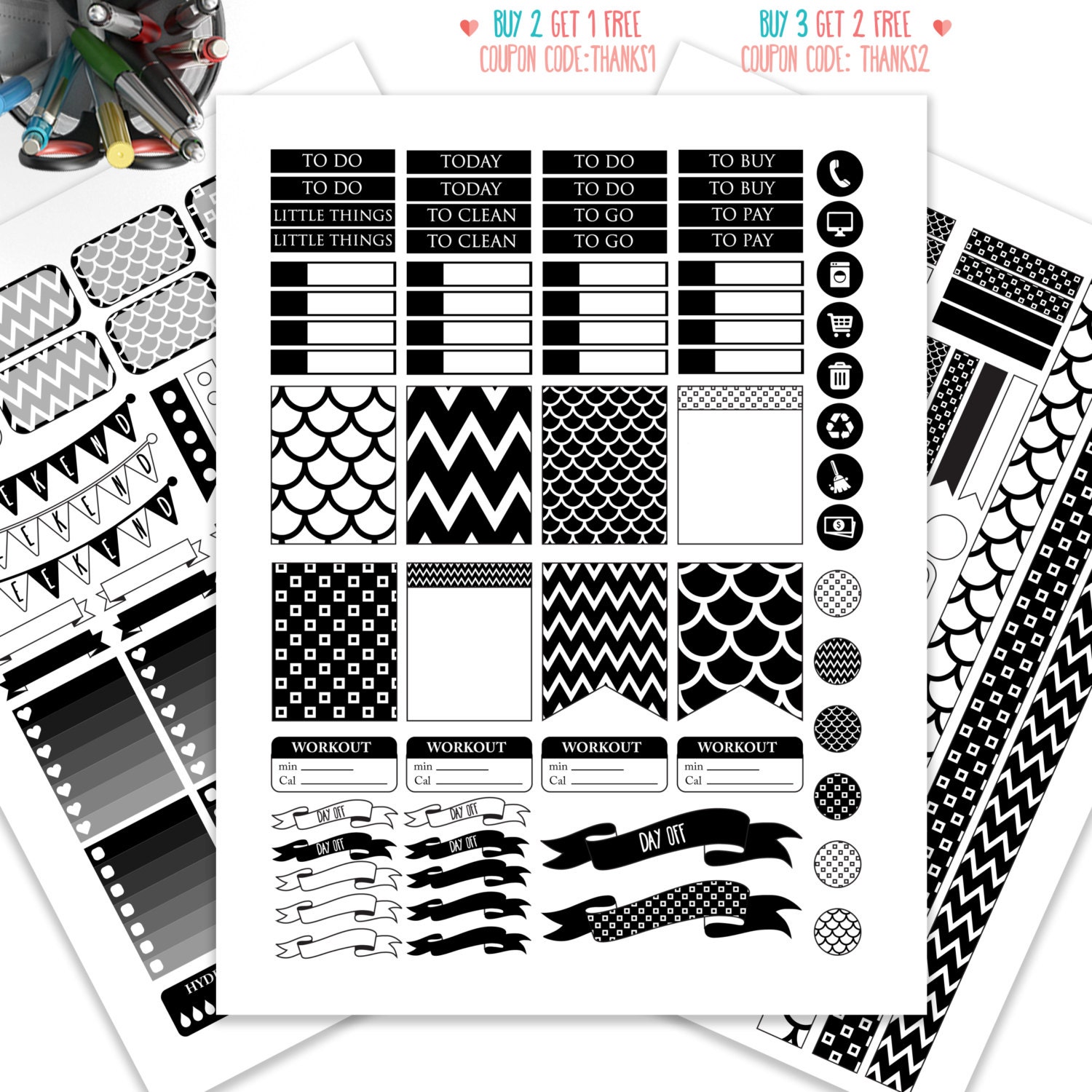 black and white planner stickers printableweekly kitstickers