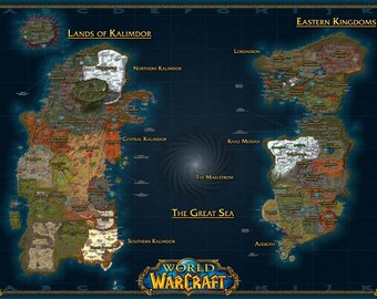 World of Warcraft map, Lands of Kalimdor, Eastern Kingdoms, Digital print
