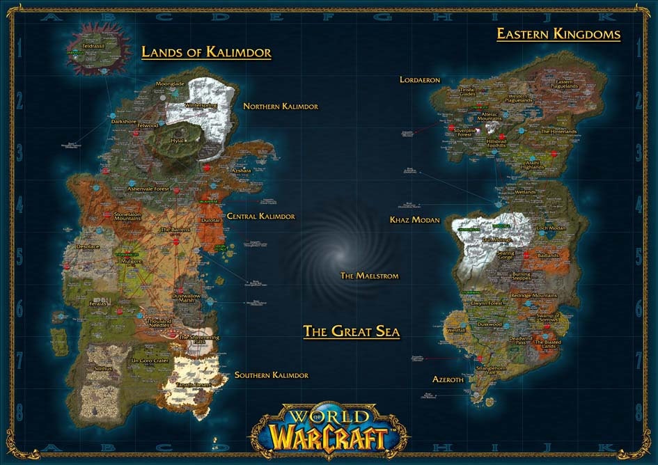 Map World Of Warcraft World of Warcraft map, Lands of Kalimdor, Eastern Kingdoms, Digital print