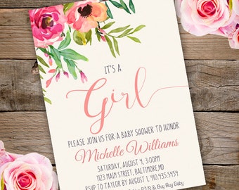 Whimsical Girl Baby Shower Invitation, girl baby shower invite, baby shower, floral baby shower, watercolor baby shower invitation
