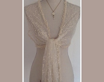 Cream Vintage Style Lace Wrap Shawl Scarf - Weddings Races Proms Downton Abbey Look Gift