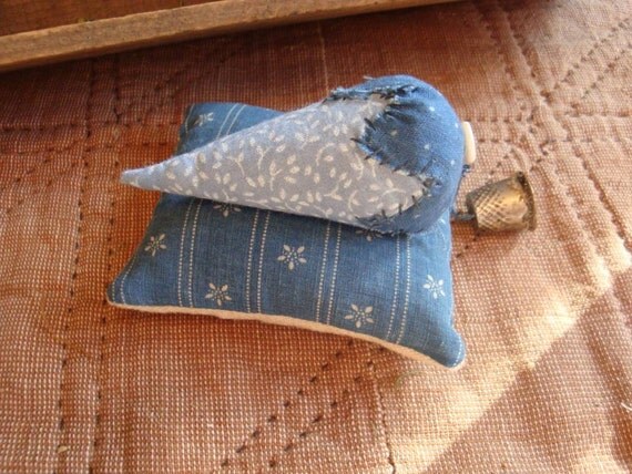 Blue Calico Pin Cushion, Pin Keep and Blue Strawberry Emery Lavender Scent FAAP