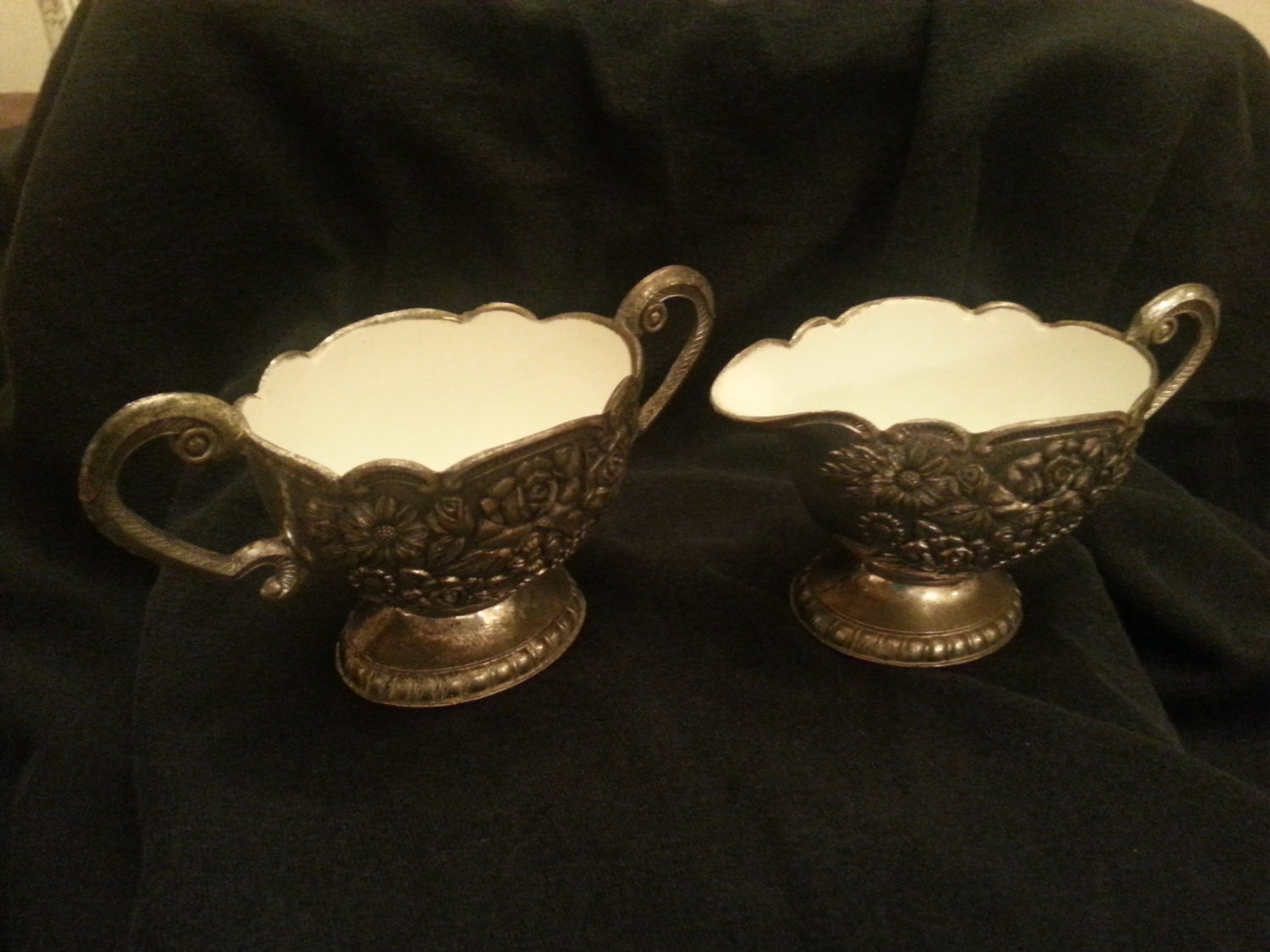 Antique Silver Enamel Sugar Pot and Creamer Set