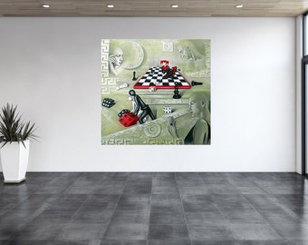 The player behind the mask 2,Joker, game, Chess Board, characters, original oil paintings, unique, fantasy, surrealism, symbolism,