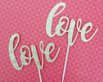 12 Glitter LOVE Cupcake Toppers, Bridal Cake Topper, Wedding Cupcake Topper, Engagement Party, Valentine's Day, Anniversary, Gold Topper