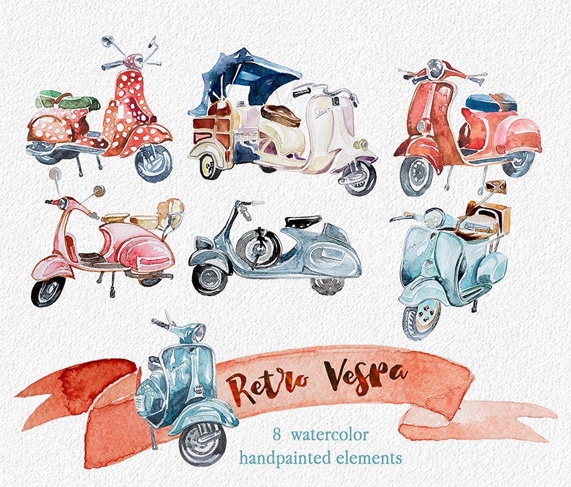 Watercolor Retro Vespa Clipart,Retro Vehicles,Retro ...