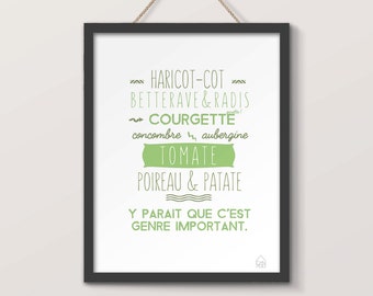 Muestra de verduras, tono verde, creación humorística, tipografía, cartel cocina