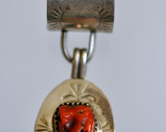 On Sale Now : Vintage Native American Pendant Silver & Coral Signed "AT"