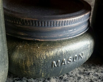 Mason Jar Soap Pump - Distressed Black and Gold Fleur-de-lis trinket jar and soap pump set - Repuposed Mason jar decor - Housewarming