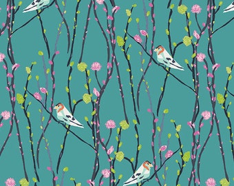 Bird Fabric | Woodpecker Print | Blue Jays | Bluebird | Floral | Teal | Blue | Pussy Willows | Modern | Unique | Pretty Bird Fabric