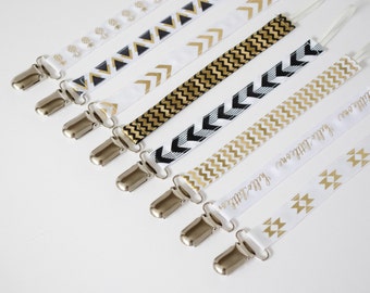 Gold & Black Binky Clips - Pacifier Clips - New Born - Paci Holder - Ribbon Pacifier Clip - Baby Shower Gift - Gold and White