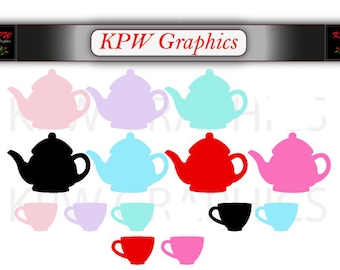 Teapots and Teacups Silhouettes (various colours) in a PNG format. Personal & Small Commercial use (231)