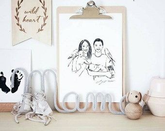 An illustrated custom portrait. Couple family portrait, custom illustration, birthday present, fathers day, valentines day gift