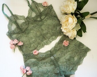 Olive green floral sheer bralette and French knicker set