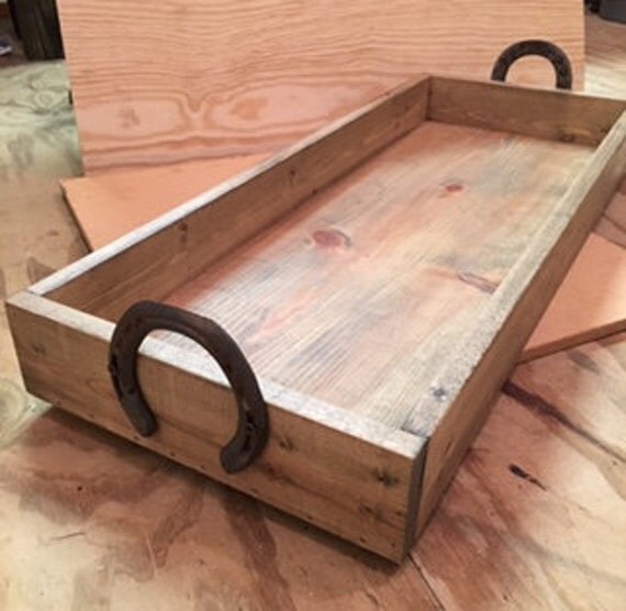 Items similar to Rustic Wooden Tray Horseshoe Handles on Etsy