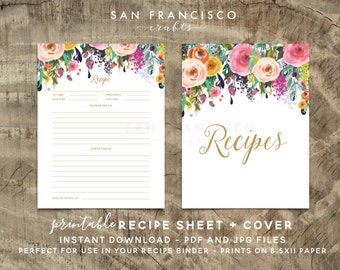 Printable Recipe Sheet and Cover | Recipe Binder Insert | US Letter | Floral | Digital Files- Ashley - PDF and JPG - Instant Download